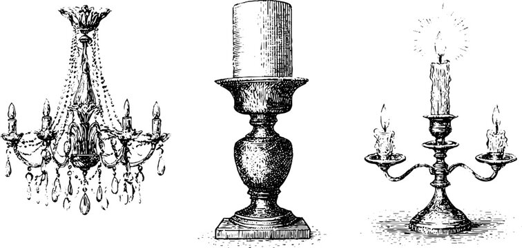 Collection of vintage engraved chandelier candlestick and candelabra illustrations for antique decorative elements and background