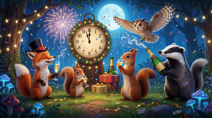 Fototapeta premium Fox squirrel owl, badger celebrate New Year in magical forest. Animals hold champagne glasses near clock showing midnight under bright moonlight. Fireworks confetti gift boxes, glowing mushroom