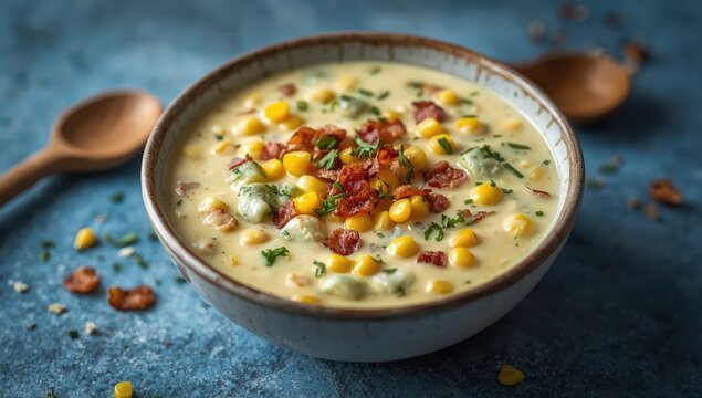 Bacon, zucchini, and corn chowder on a blue stone backdrop. Focused detail.