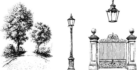 Obraz premium Ink drawing of a leafy country road with a lamppost and ornate iron gate for classical garden background and vintage landscape design