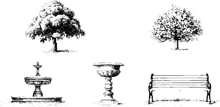 Minimal ink park elements set with small fountain pedestal trees and bench engraving for background and design use