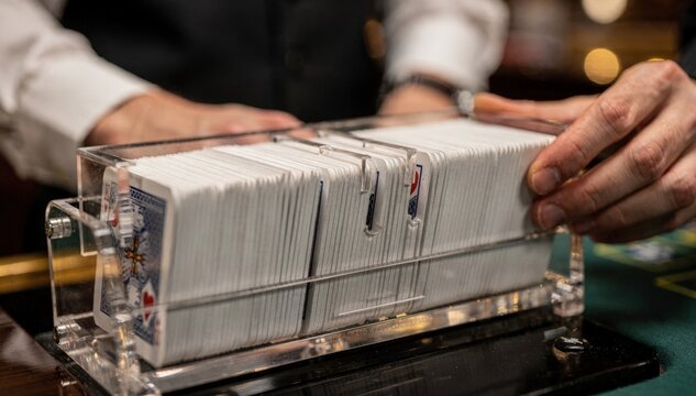 Detailed view of technician inspecting baccarat manual shoe focusing on the stacked cards and shoe surface polish.