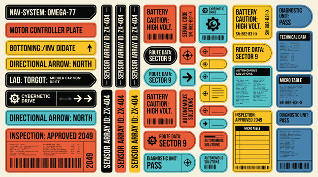 Retro sci-fi industrial decals and technical labels set, futuristic cyberpunk warning stickers and UI elements, vintage tech interface vector graphics