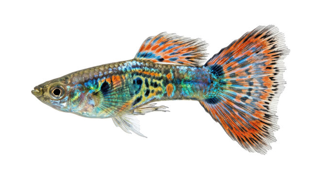A colorful guppy fish with detailed scales and flowing fins on transparent background guppies poecilia reticulata