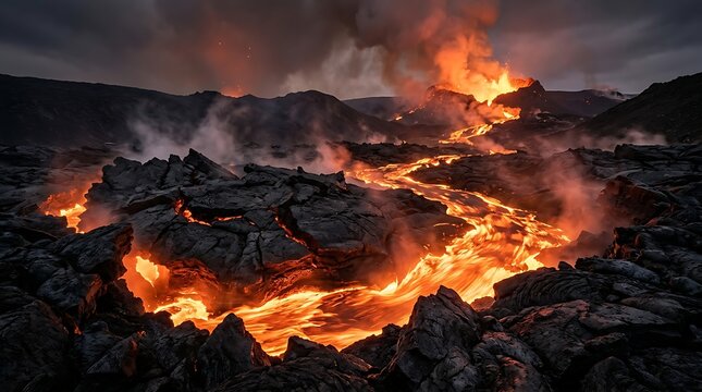 Volcano erupts with glowing molten lava flowing across the dark volcanic rock landscape under a cloudy sky.