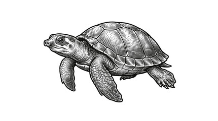 Antique woodcut illustration of a swimming sea turtle. © Zuniara