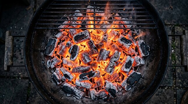 Charcoal pieces ignite on a metal grill for outdoor cooking.