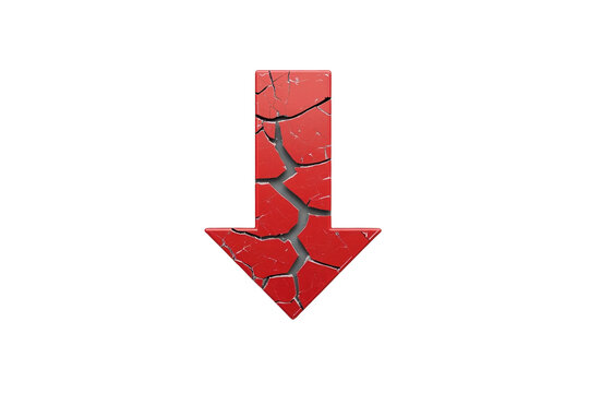 Cracked red downward arrow symbolizing decline