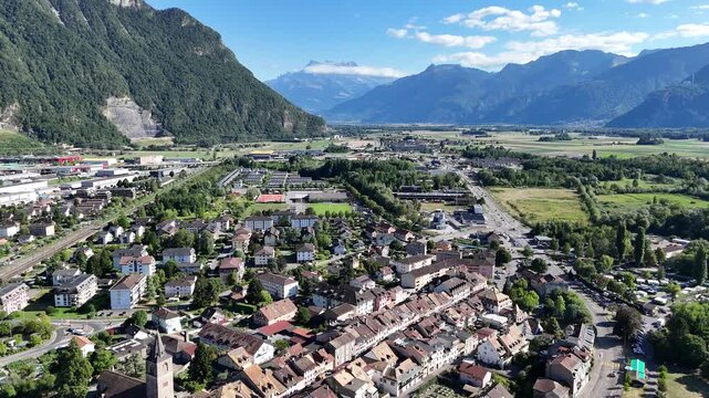 Aerial view of Villeneuve on Lake Geneva in Vaud, Switzerland