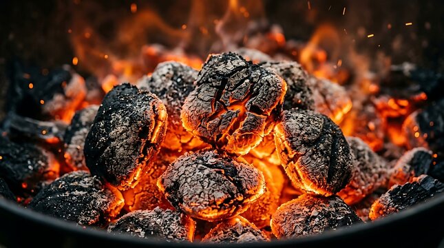 Charcoal briquettes glow with intense heat inside a circular metal grill while preparing for an outdoor barbecue cooking session.