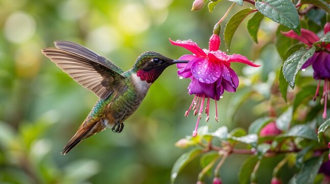 Colibr&iacute; alimentandose, naturaleza en su m&aacute;ximo esplendor 