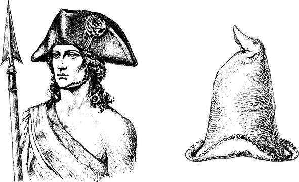Black ink engraved french revolution portrait with spear and separate phrygian cap for vintage poster background and educational reference