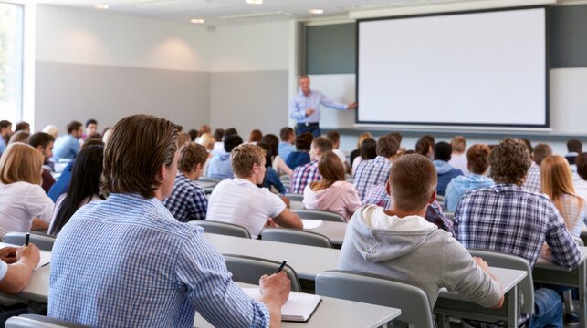 University students attending classroom lecture with professor presenting educational material. Higher education, academic learning and college instruction