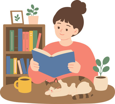 Woman reading a book with cat at home illustration for cozy leisure