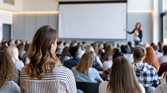 Audience of university students attending educational seminar with instructor presenting lesson. Academic training, classroom learning and higher education