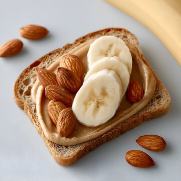 Delicious whole grain toast with creamy peanut butter, fresh banana slices, and whole almonds