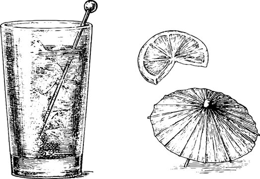 Vintage highball glass with stirrer lemon wedge and cocktail parasol engraved sketch for bar menu background banner design