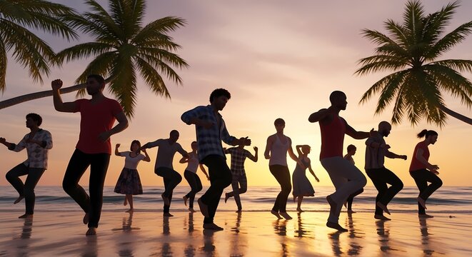 Silhouetted group dancing on beach near palm trees at sunset or sunrise