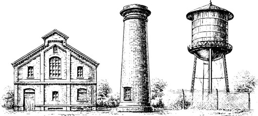 Obraz premium Traced industrial warehouse chimney and water tower architectural line art set for background or poster design