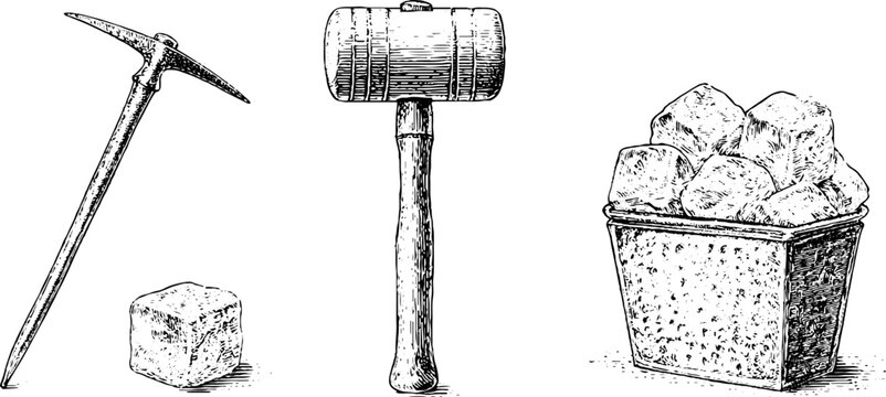 Hand drawn ice pick mallet and ice cube tray with cubes for cold storage label background and tool equipment design