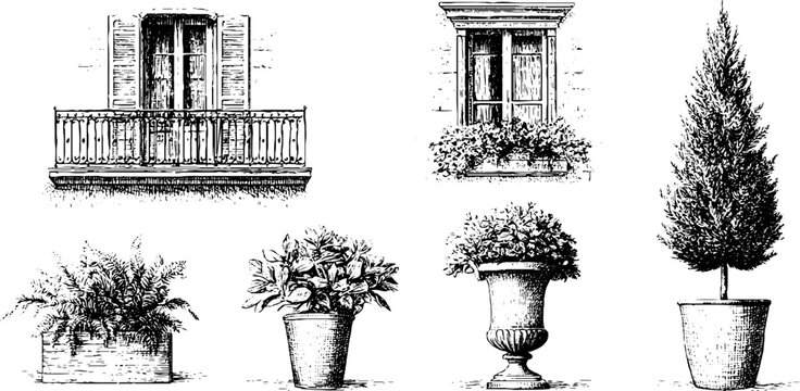 Vintage ink drawing set of balconies windows planters and potted trees for architectural pattern and background design