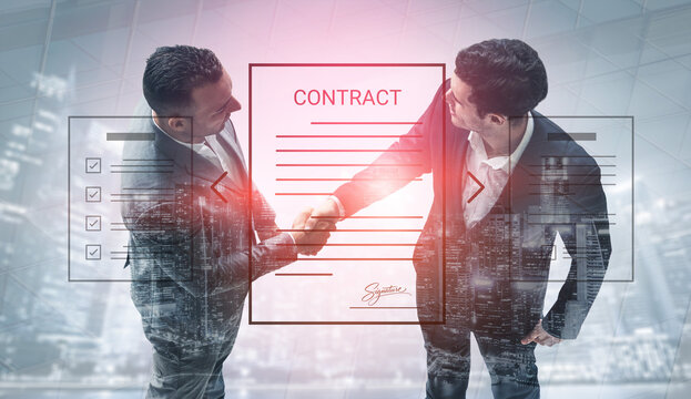 Two businessmen engage in a handshake over a contract with a modern city skyline in the background, symbolizing partnership and collaboration in a professional environment. Cyphers