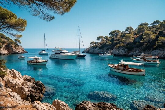 White boats, yachts sail on turquoise sea in tropical bay. Sunny day with clear blue sky over rocky island coast. Rich green trees grow on cliffs near calm lagoon. Summer vacation landscape with