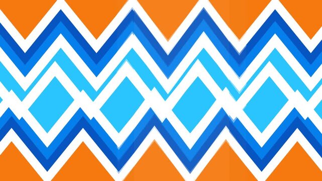 Geometric pattern featuring repeating horizontal zig-zag chevrons in shades of blue, white, and orange.
