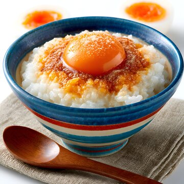 Delicious Japanese Tamago Kake Gohan, rice with raw egg yolk and grated cheese in a decorative bowl