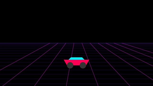 Minimalist retro synthwave style car driving on a digital grid landscape.