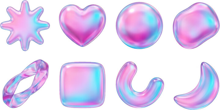 A collection of iridescent 3D geometric shapes featuring a star a heart a sphere an amorphous blob a twisted torus a square a curved cylinder and a crescent moon with metallic reflections