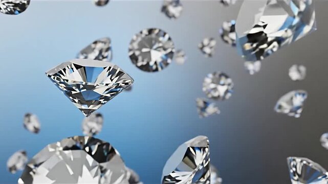 Many sparkling diamonds float against a soft blue gradient background