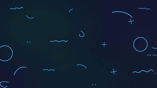 Abstract graphic pattern with glowing blue geometric shapes, wavy lines, and small crosses on a dark gradient surface.