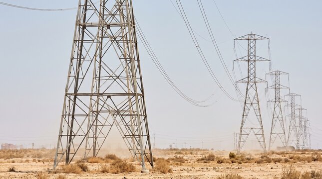 Power Transmission Lines Under Extreme Heat Stress Over Dry Landscape