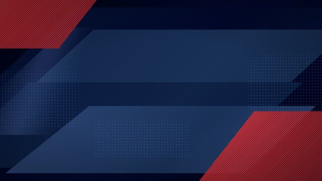 Geometric abstract composition with overlapping dark blue parallelograms and red diagonal striped rectangles.