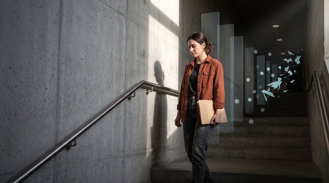 Student in stairwell under fragmented attention pressure