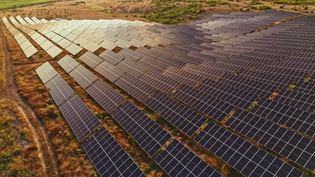 Large array of solar panels stretches across the ground in a field. The panels are arranged in rows, capturing sunlight.