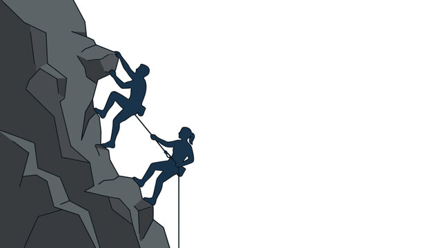 Silhouette of two climbers scaling a steep mountain cliff