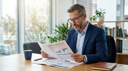 Fototapeta premium Man reads financial report glasses
