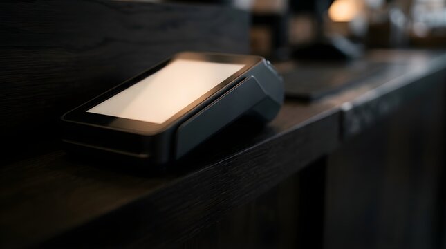 Modern contactless payment terminal on a dark wooden counter in a cafe