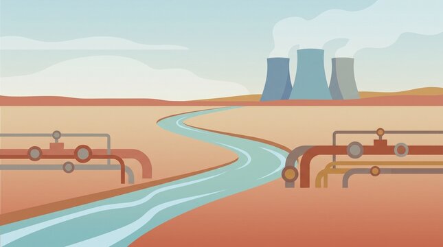 Quiet industrial water horizon with sparse channel and dry earth