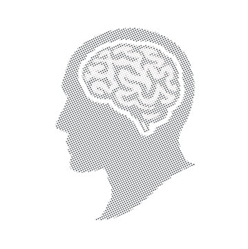 Human head profile with brain in halftone dot style. Silhouette for psychology, neurology, and mental health concepts. Minimalist black and white stipple art for medical or scientific use.