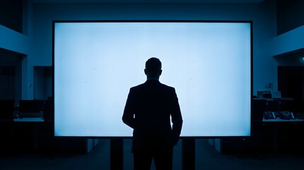 Fototapeta premium Silhouette of a businessman looking at a glowing screen in a dark office