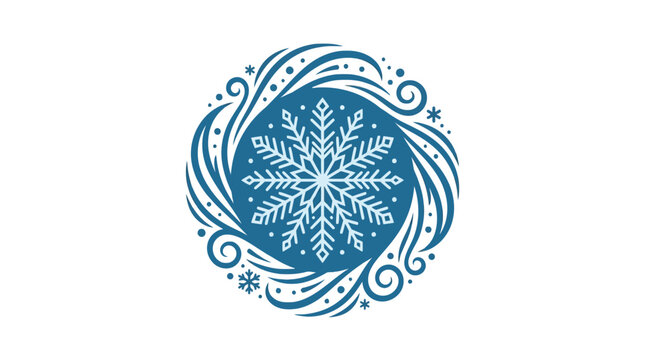 Circular snowflake emblem with decorative swirled patterns.