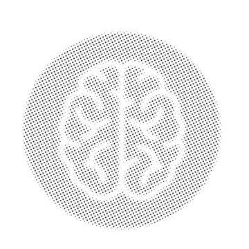 Halftone brain icon, minimalist dot pattern illustration of human brain for medical, psychology, and technology branding.