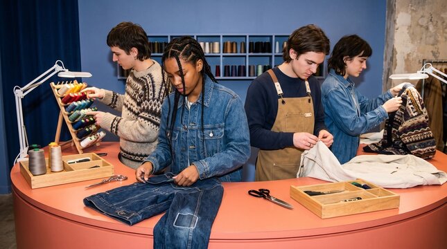 Young adults gather at a circular fashion repair bar