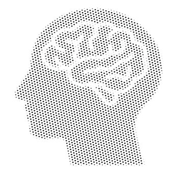 Human head with brain halftone illustration, minimalist black dot pattern silhouette for psychology, neurology, mental health, and cognitive science concepts.