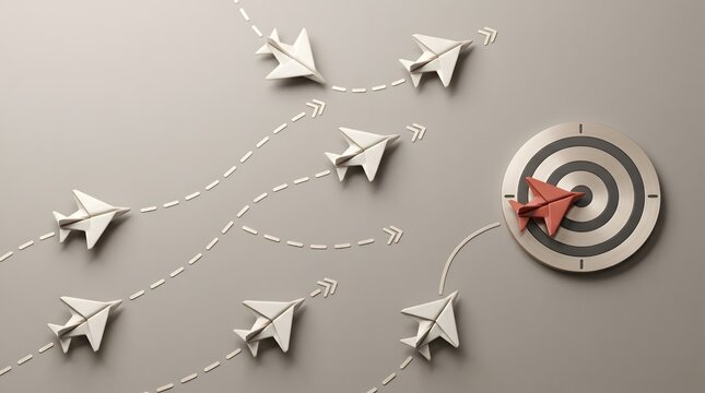 Strategic focus and leadership concept with a red paper plane hitting a target while white planes follow divergent paths