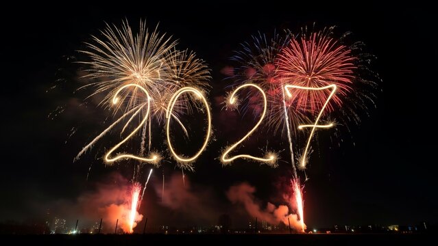 happy new year, new year's eve, silvester, new years eve, celebration greeting card, new year card - Year 2027 in sparkler font and firework fireworks pyrotechnic, isolated black night sky background