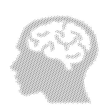 Human brain profile in stippled halftone dot art style for neurology and mental health concepts. Minimalist black and white illustration on white background for medical or scientific use.